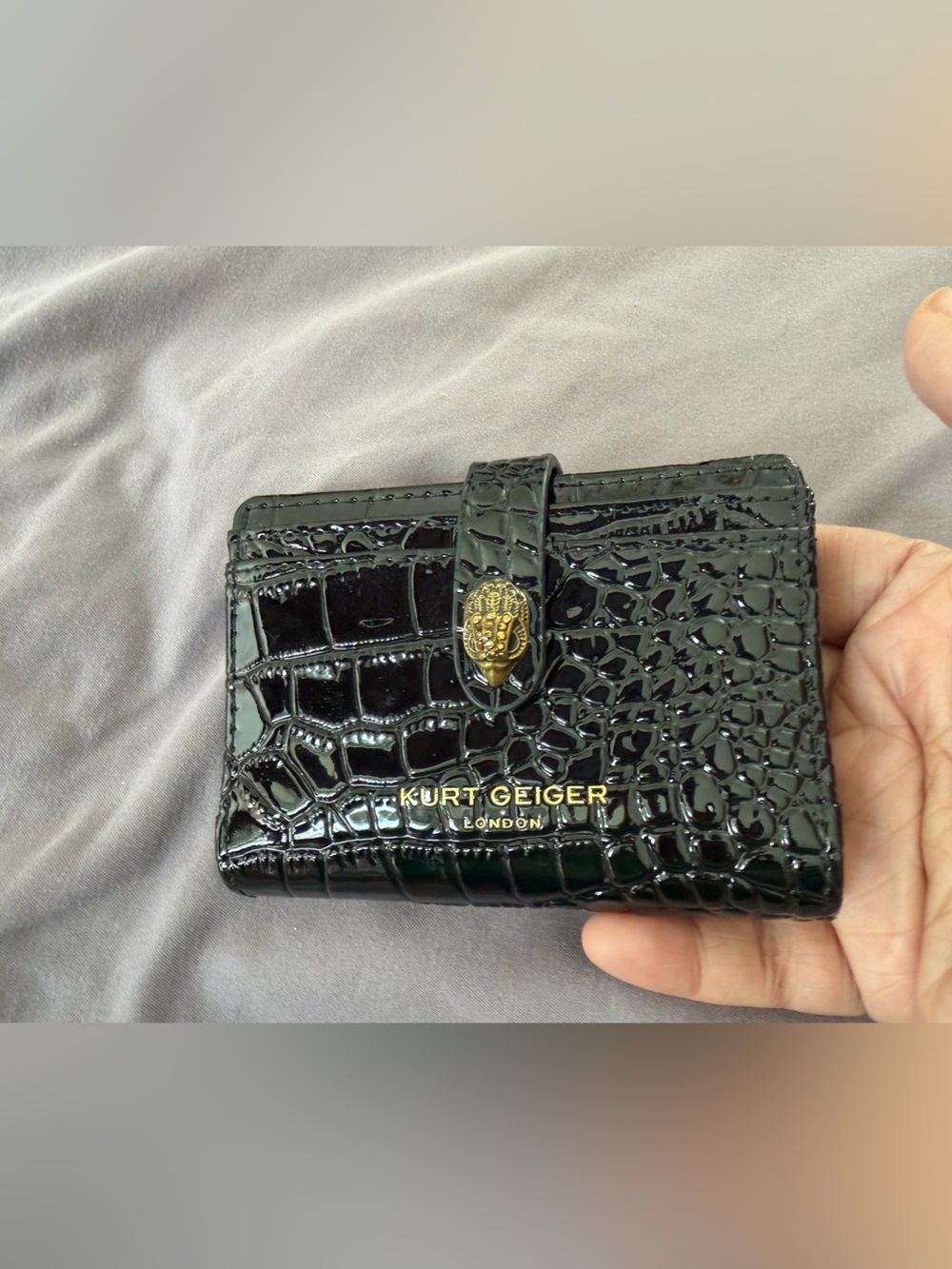 Kurt Geiger Black Croc-Embossed Patent Leather Card Wallet with Gold Hardware